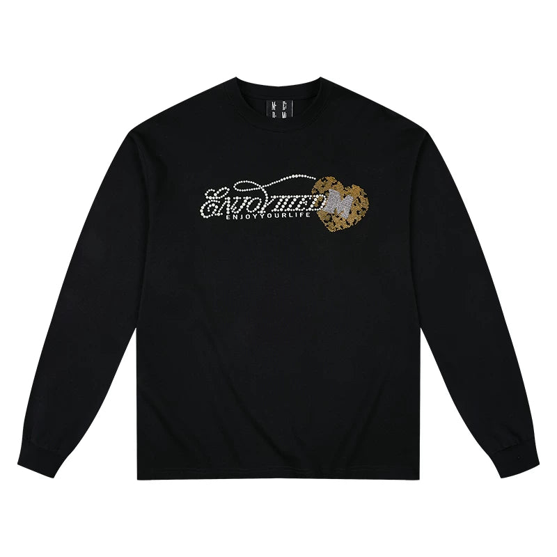 MEDM leopard print rhinestone pure cotton round neck casual long sleeved T-shirt autumn loose and simple solid color couple base shirt top
