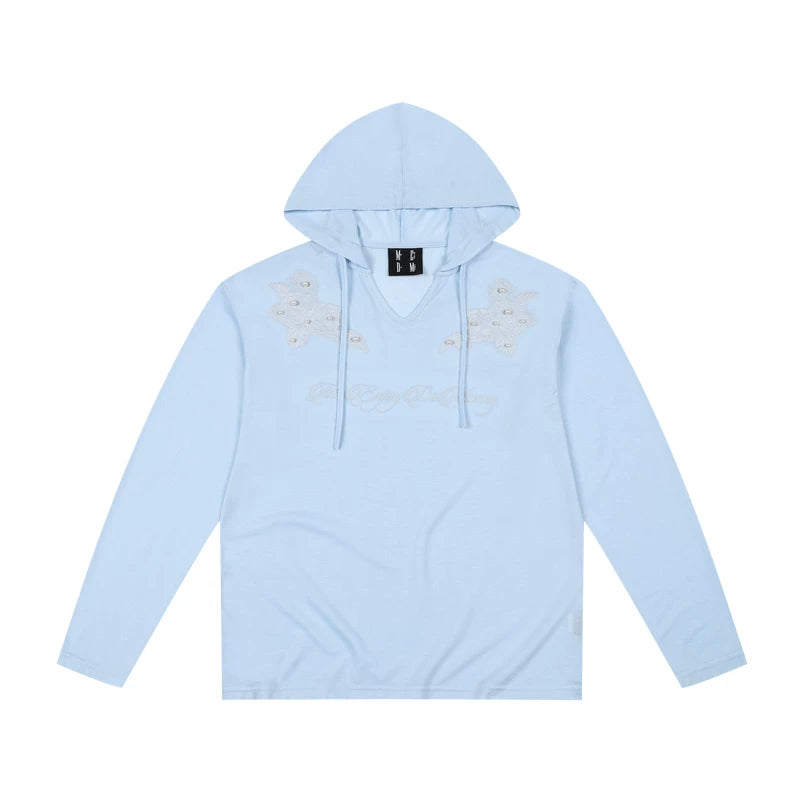 MEDM Hoodie Shoulders Dark Flower Nail Bead Long Sleeve T-shirt Commuter Thin Solid Color Simple Casual Top Autumn