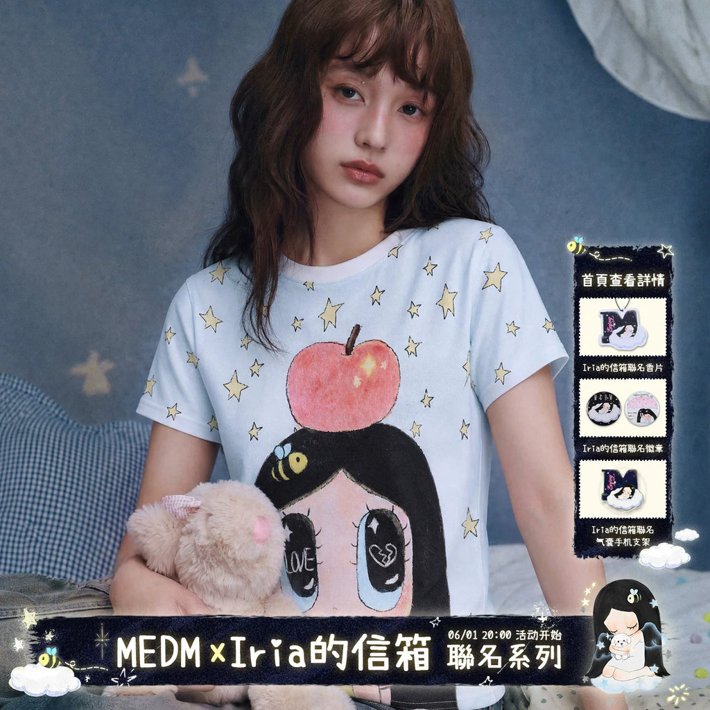 MEDM x Iria mailbox collaboration star snow girl print slim fit casual round neck short sleeved loose T-shirt for women