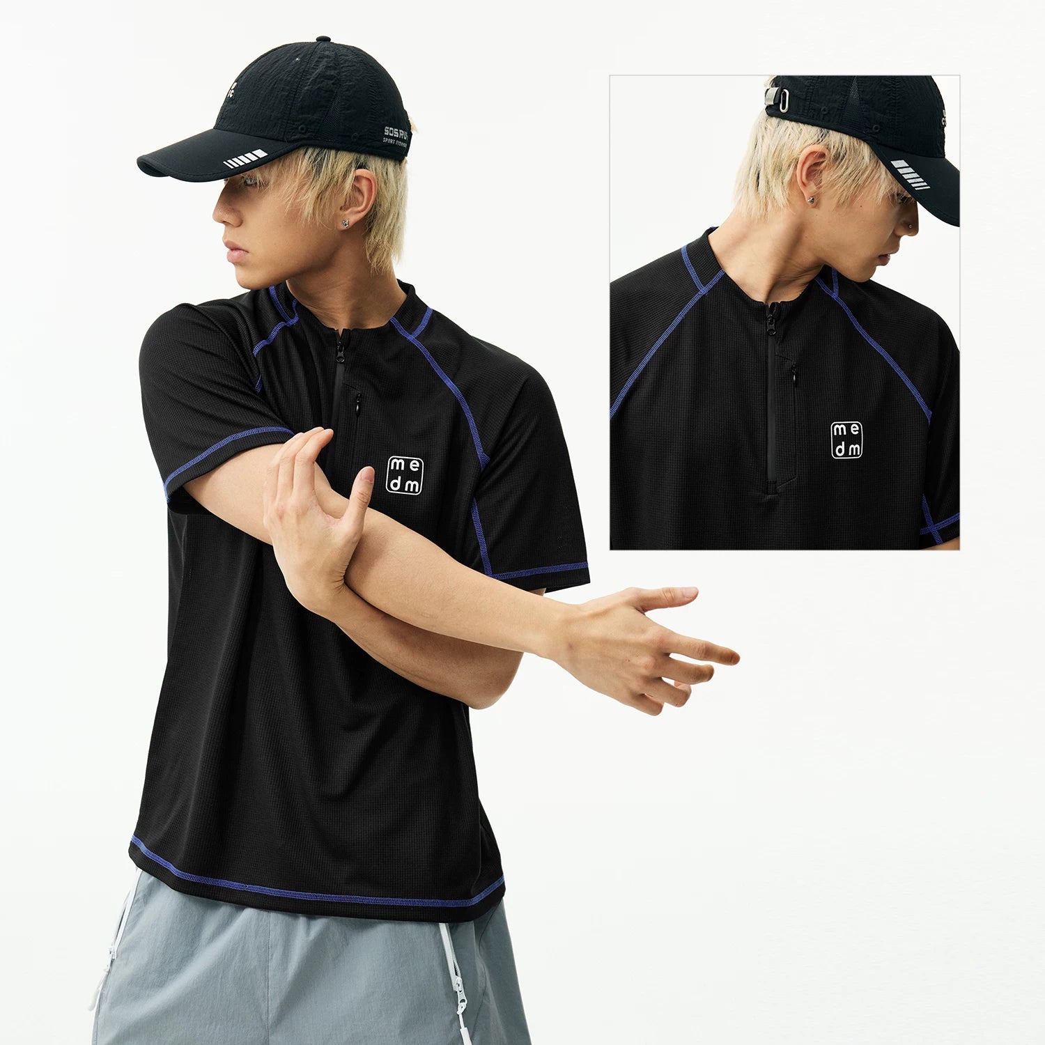 MEDM plaid quick drying half zipper sports style casual short sleeved trendy breathable loose men's and women's T-shirt half sleeve summer