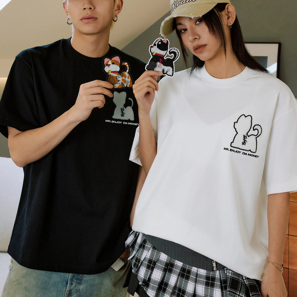 MEDM Pet Kitten Toothbrush Embroidery Velcro Short Sleeve Casual T-shirt Simple and Versatile for Men and Women Couple Short Tee