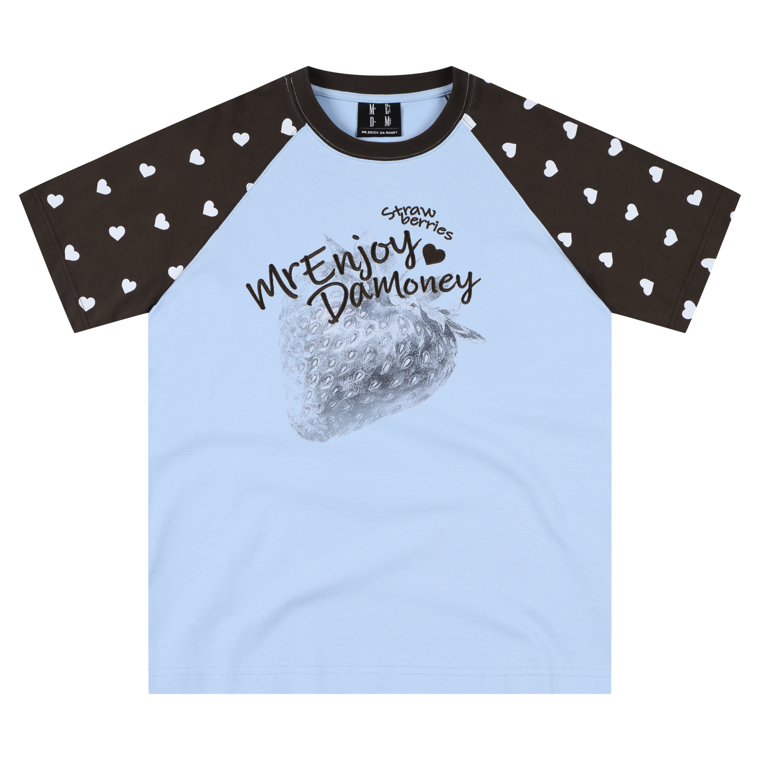 MEDM vintage washed strawberry printed raglan sleeves with heart-shaped polka dot short sleeves, trendy street girl style casual T-shirt