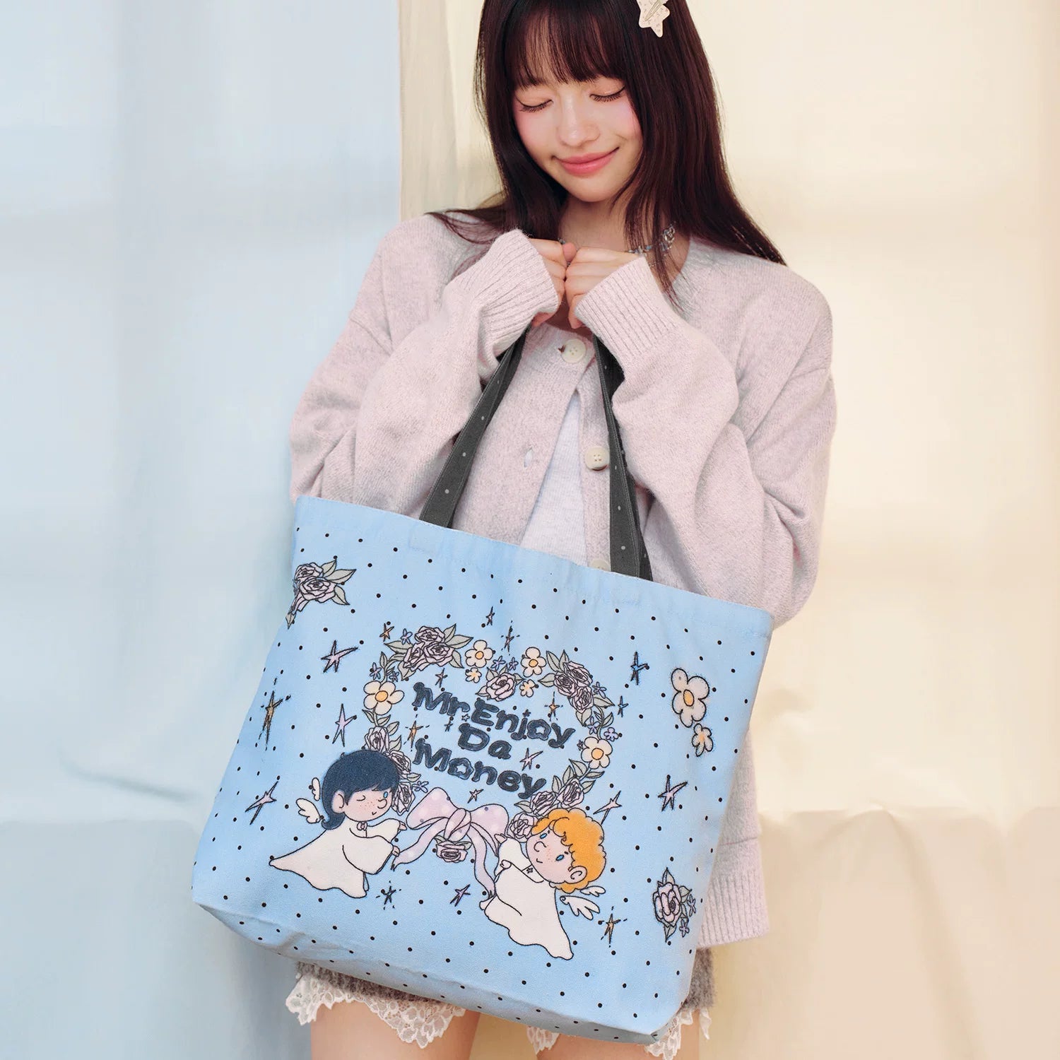 MEDM flower wreath, little angel digital printing, wear-resistant and casual large capacity canvas bag, personalized and cute style handbag