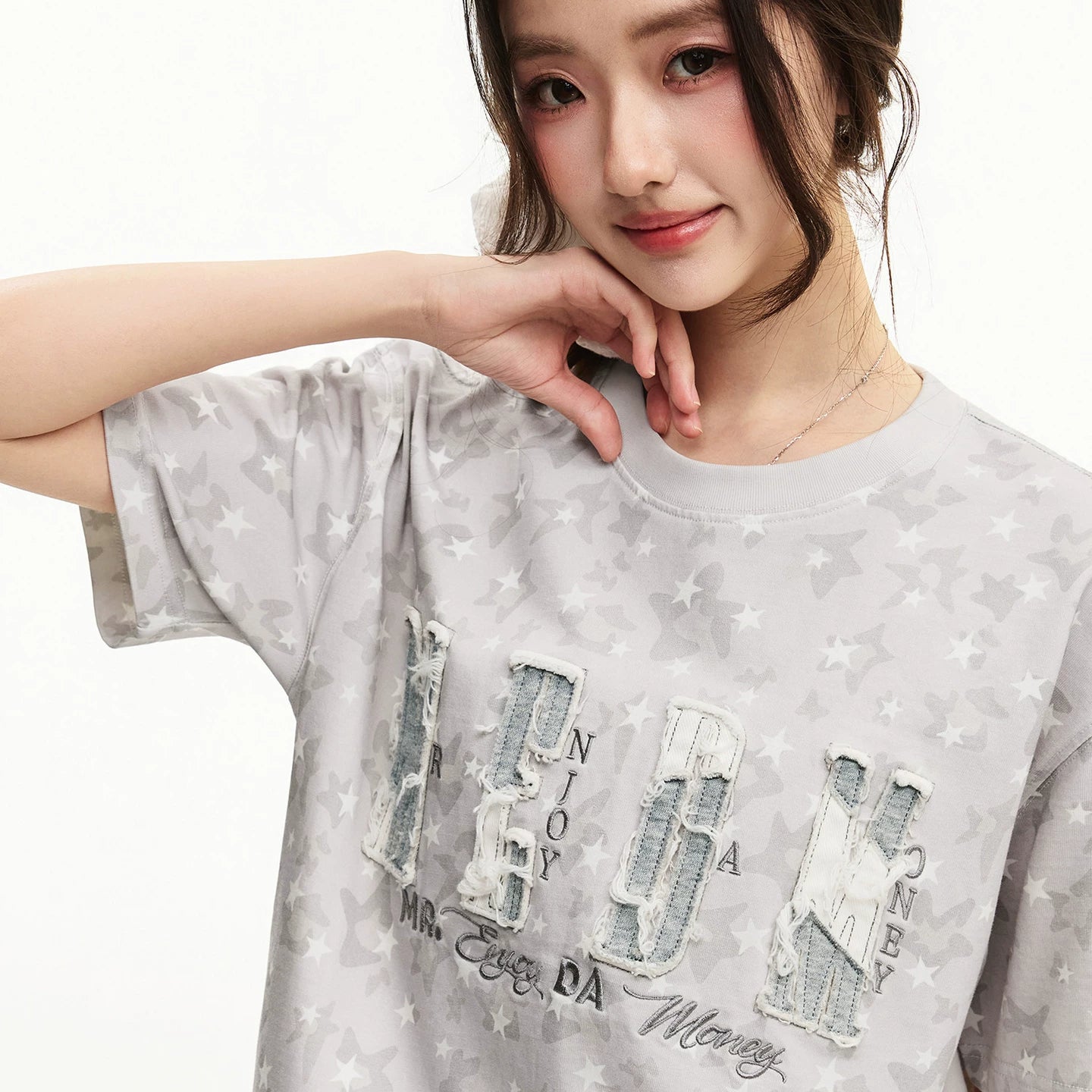 MEDM camouflage leopard print star full print sticker logo casual round neck short sleeved trendy men's and women's loose T-shirt summer