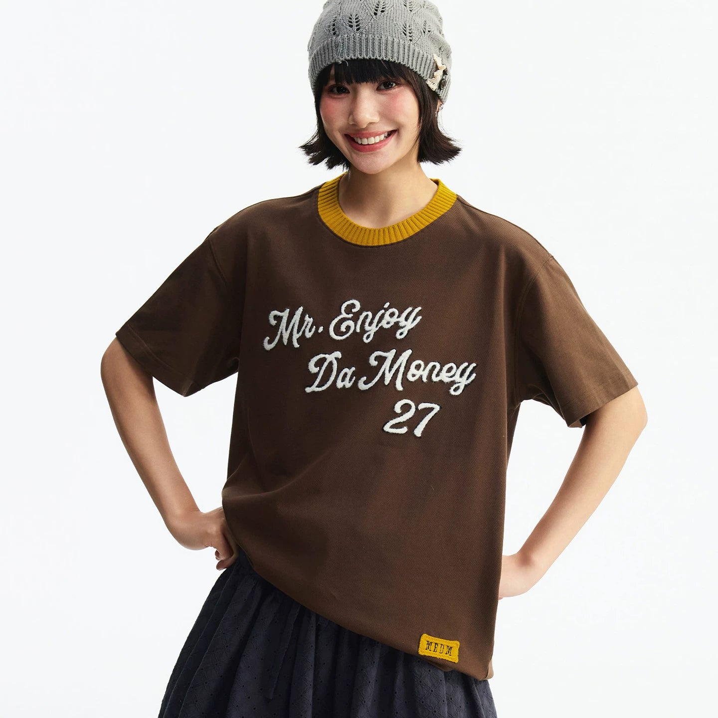 MEDM Color Knitted Letter Plush Round Neck Casual T-shirt Trendy Commuter Men's and Women's Loose Knitted Neck Short Sleeve Summer
