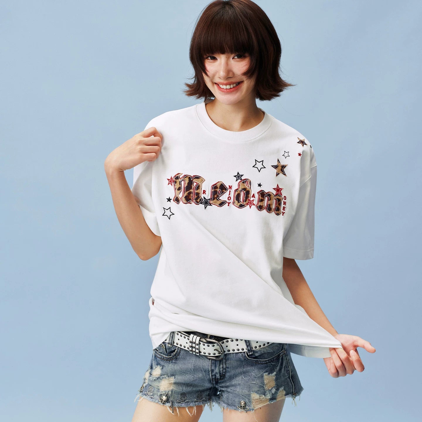 MEDM shoulder over star leopard print horsehair double-layer leather casual round neck short sleeved logo sticker versatile loose couple T-shirt
