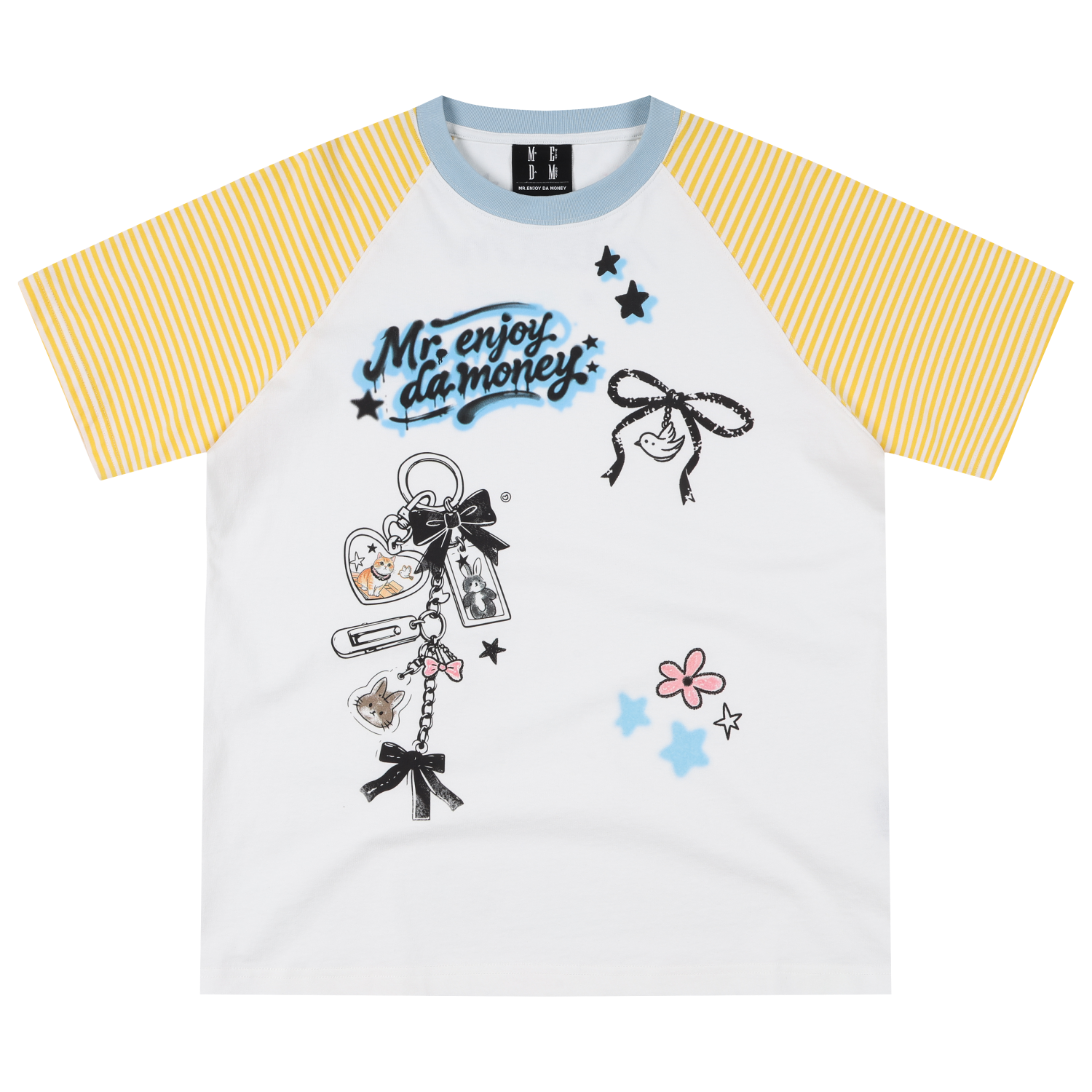 MEDM striped patchwork cute graffiti animal keychain loose round neck T-shirt retro breathable casual short sleeved summer