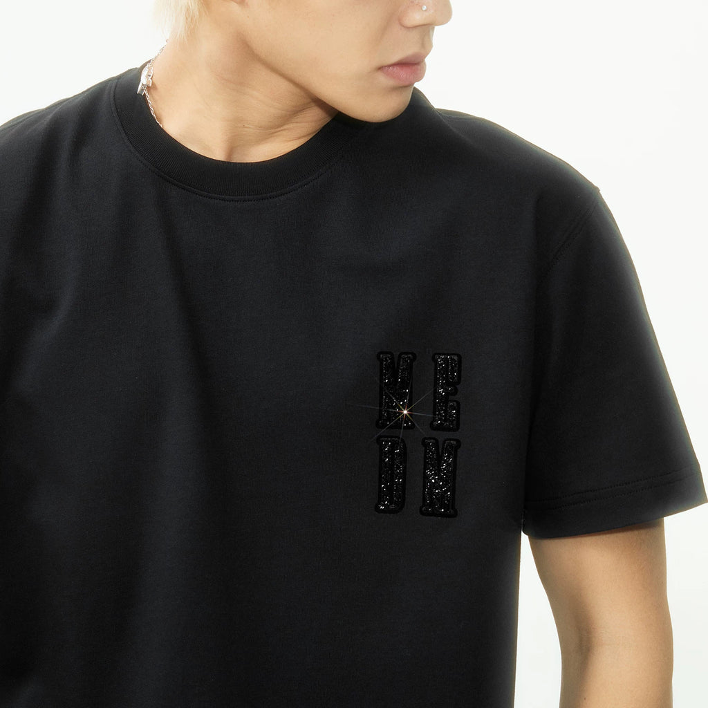 MEDM 3D rhinestone four letter casual micro silhouette short sleeved trendy simple and versatile heavyweight pure cotton T-shirt for men and women