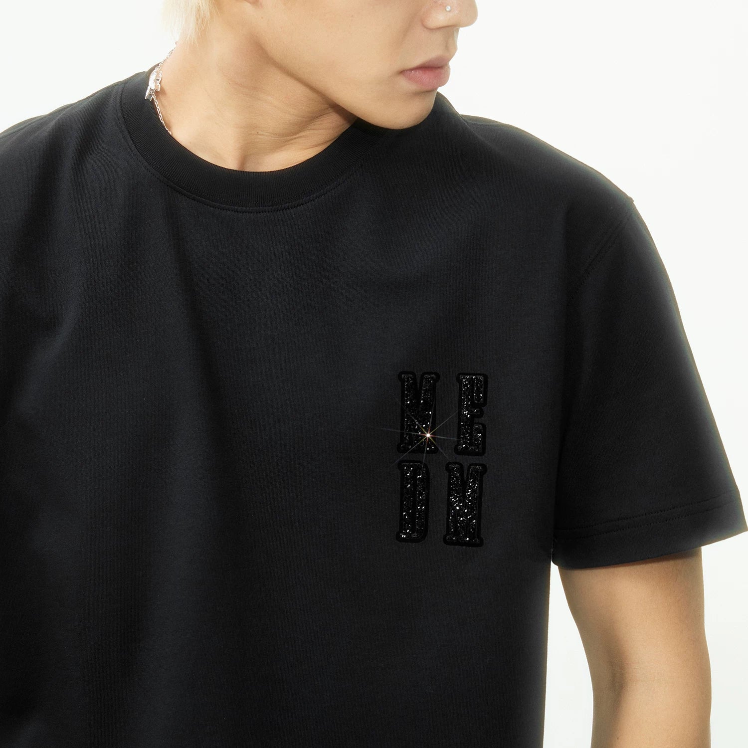 MEDM 3D rhinestone four letter casual micro silhouette short sleeved trendy simple and versatile heavyweight pure cotton T-shirt for men and women