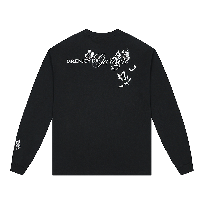 MEDM Big M Butterfly Vine Embroidered Long Sleeve T-shirt for Men in Spring and Autumn, American Retro Round Neck Loose Casual T-shirt Trendy
