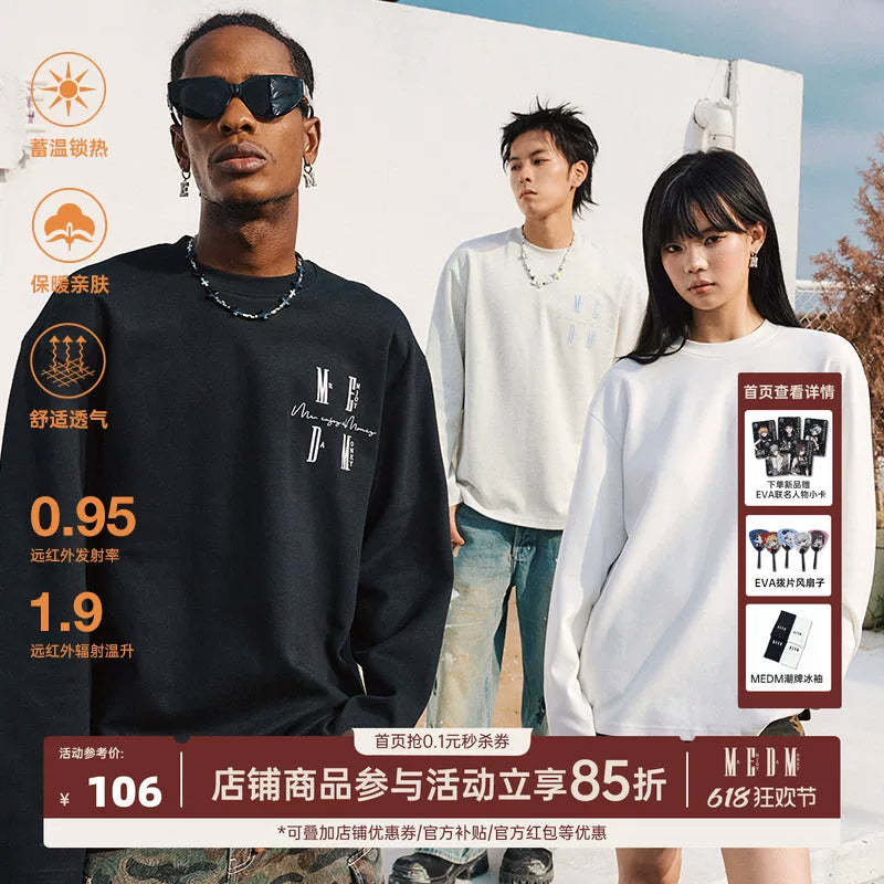 MEDM basic temperature controlled long sleeved T-shirt for men and women, spring and autumn American retro casual round neck top, trendy