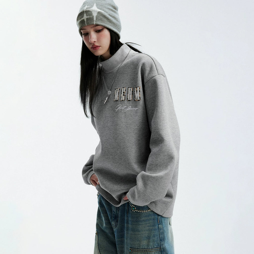 MEDM stand up collar double-layer patchwork logo casual half high collar sweatshirt American versatile men's and women's versatile loose top