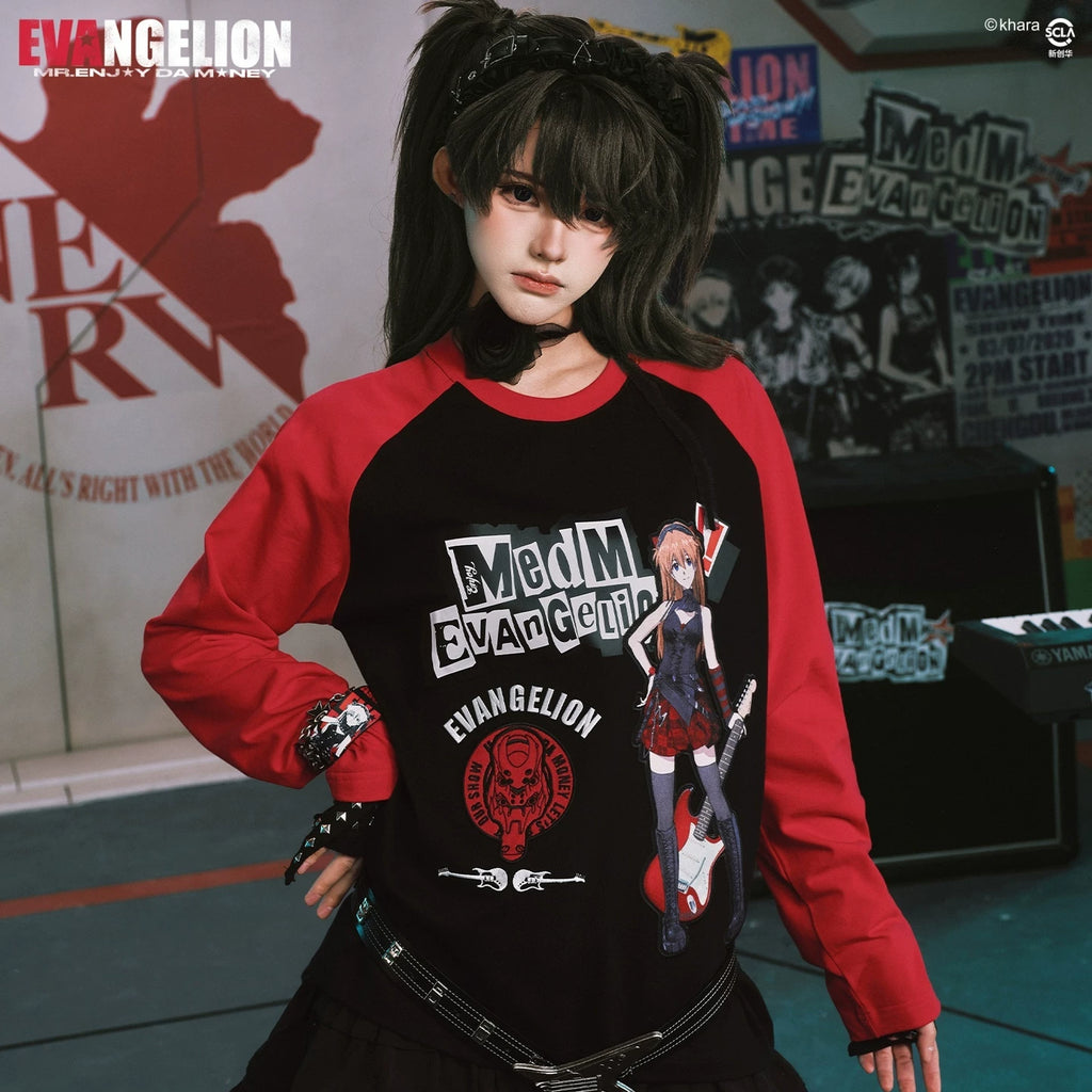 MEDMxEVA NEVER END series character layout with shoulder sleeves, round neck, long sleeved T-shirt, casual patchwork top