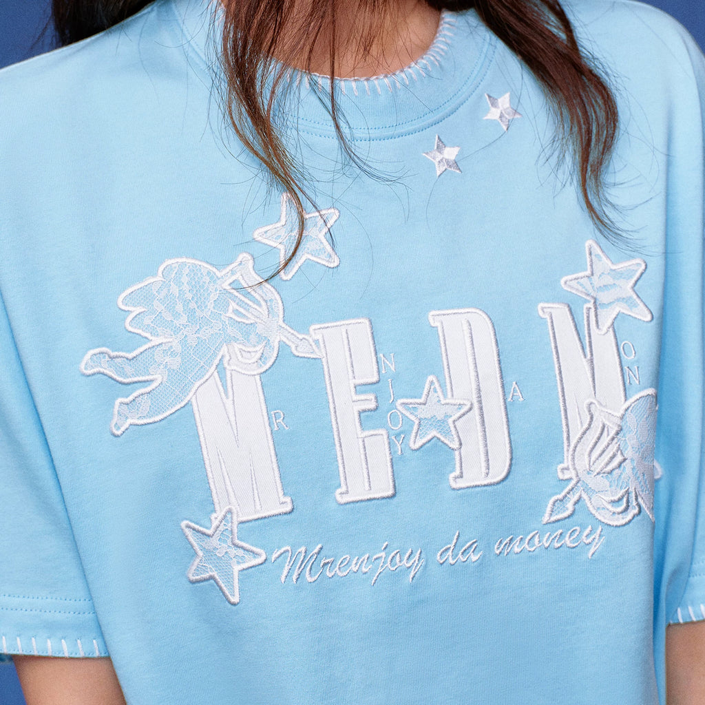 MEDM lace little angel logo embroidered patch casual round neck short sleeved trendy versatile loose couple T-shirt summer