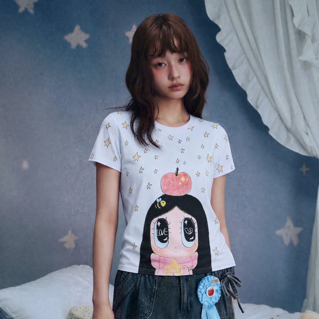 MEDM x Iria mailbox collaboration star snow girl print slim fit casual round neck short sleeved loose T-shirt for women