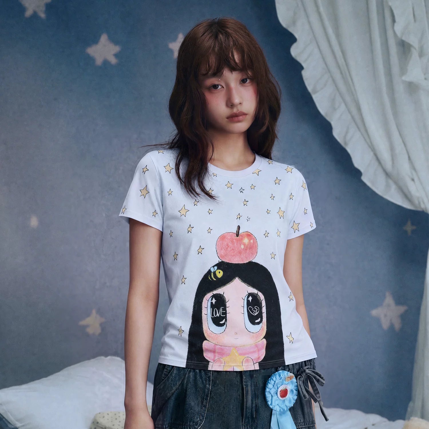 MEDM x Iria mailbox collaboration star snow girl print slim fit casual round neck short sleeved loose T-shirt for women