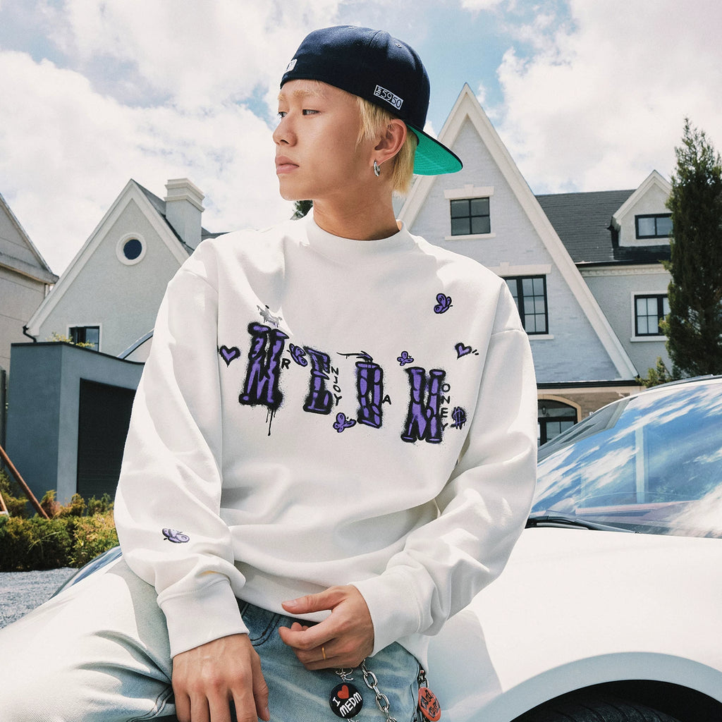 MEDM Graffiti Printed Logo Casual Round Neck Hoodie Autumn/Winter American Street Color Contrast Plus Velvet Couple Top