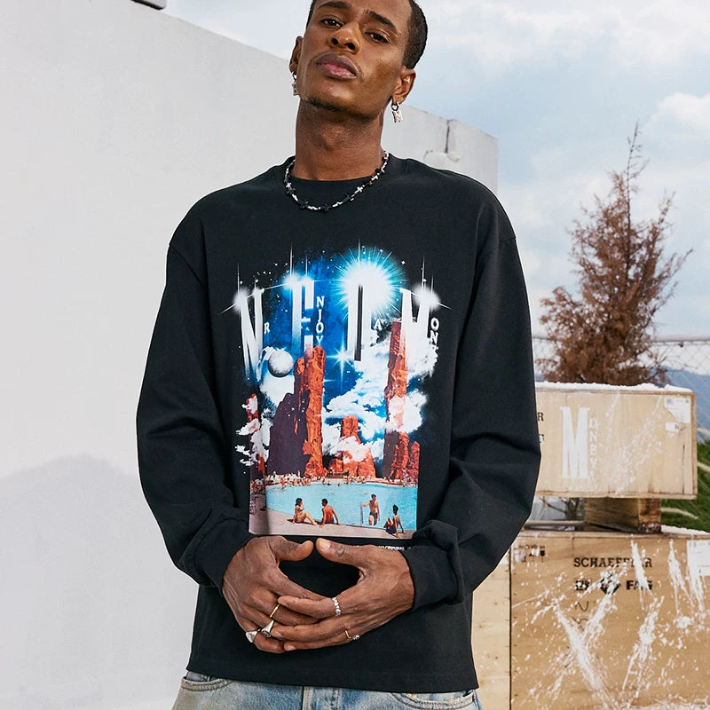 MEDM Sinking Fantasy Long sleeved T-shirt for Men in Spring and Autumn, American Hip Hop T-shirt for Women, Round Neck Casual Base Top