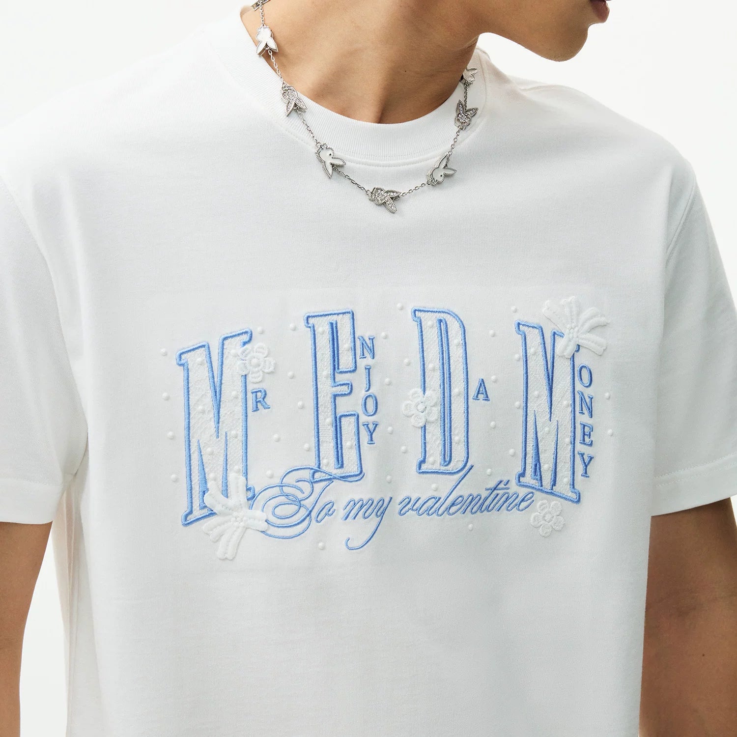 MEDM lace floral chest 3D embroidered logo casual round neck T-shirt trendy loose couple short sleeved summer