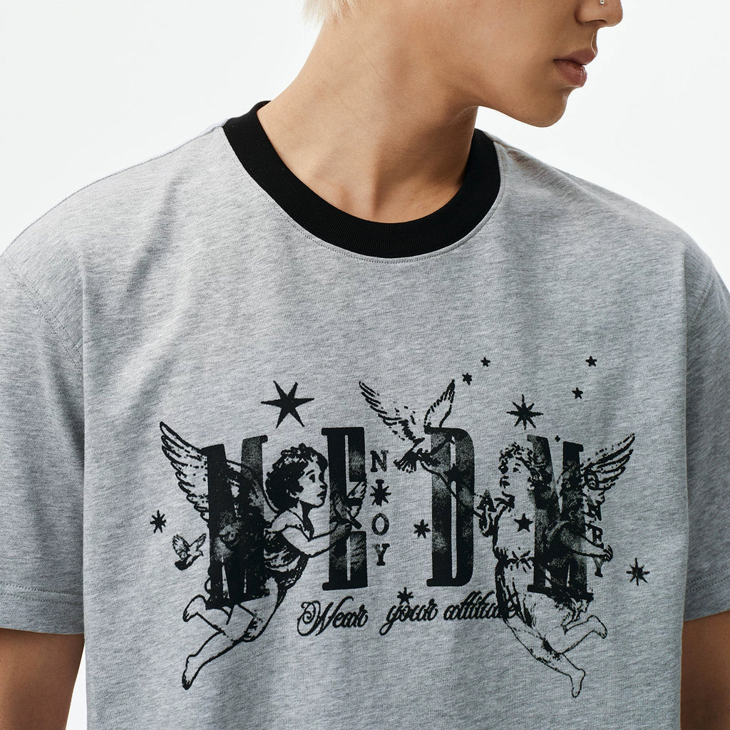 MEDM Little Angel Star Retro Contrast Round Neck Casual Short Sleeve Street Versatile Relaxation Loose Couple T-shirt