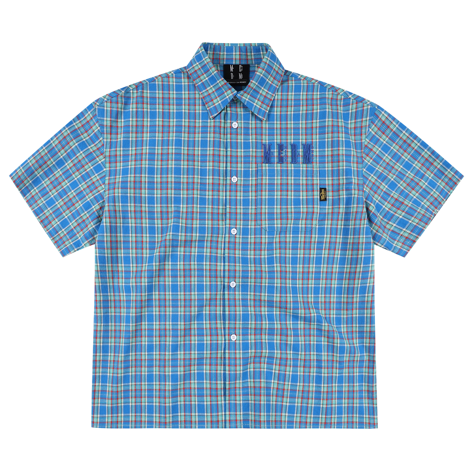 MEDM retro college style embroidered casual plaid shirt American men's and women's loose collared short sleeved plaid top
