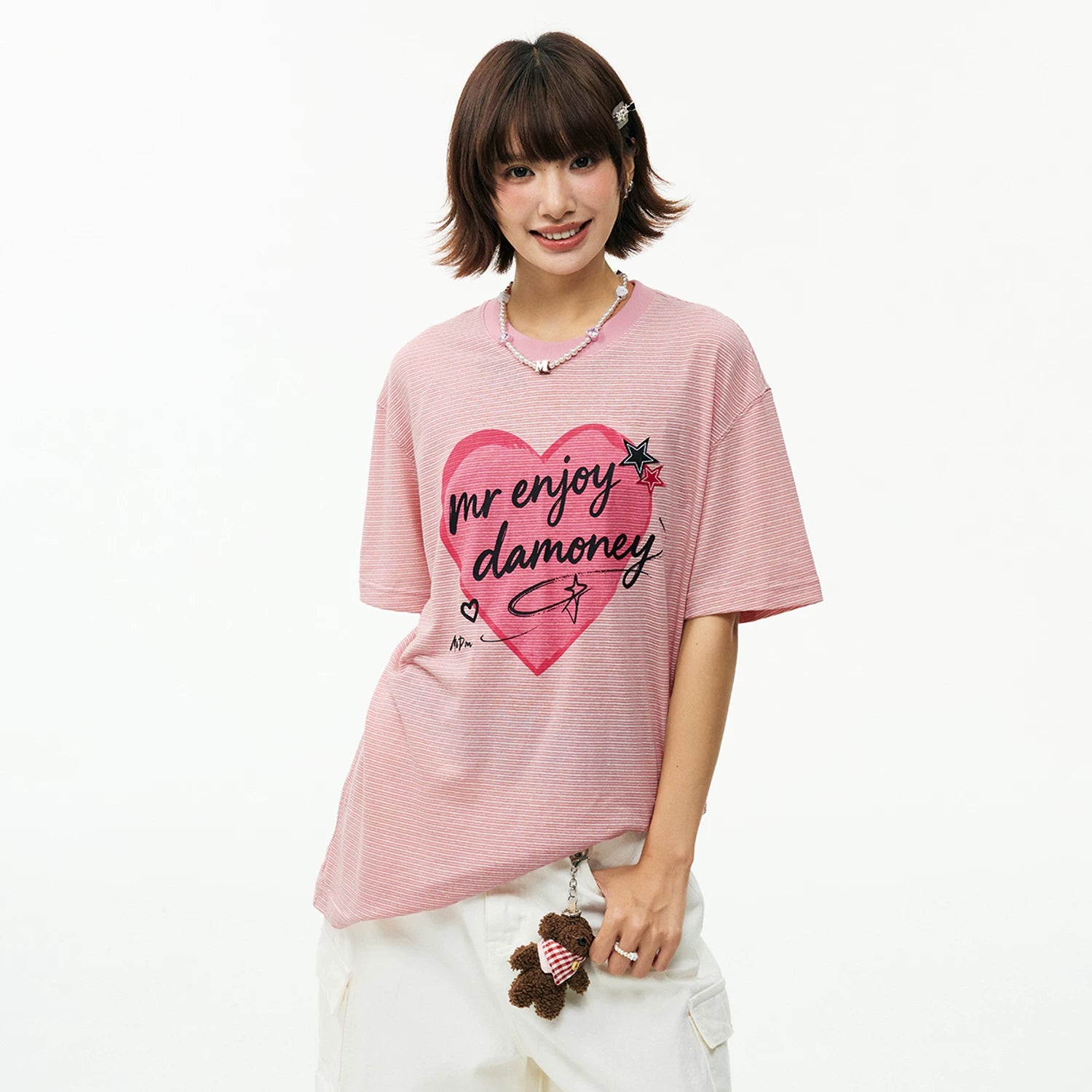 MEDM slim striped heart-shaped graffiti contrasting loose short sleeved trendy letter slim fit sweet cool slightly wide casual T-shirt