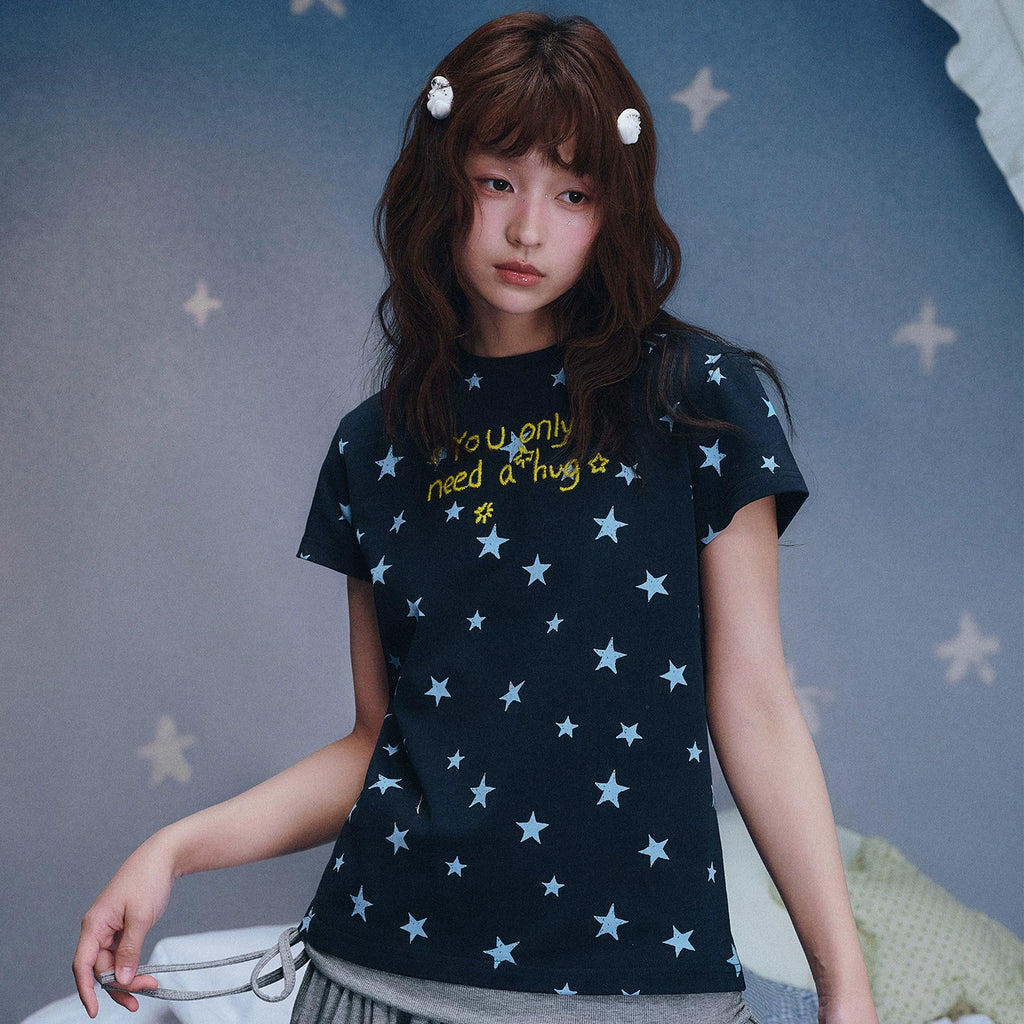 MEDM × Iria's mailbox co branded slogan is full of stars, casual round neck short sleeved cute embroidered T-shirt, women's summer