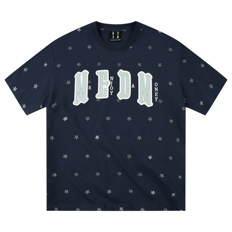 MEDM Sparkling Pink Little Star Full Print Double layer Leather Patch Embroidered Casual Round Neck Short Sleeve Washed Outdated Broken Hole T-shirt
