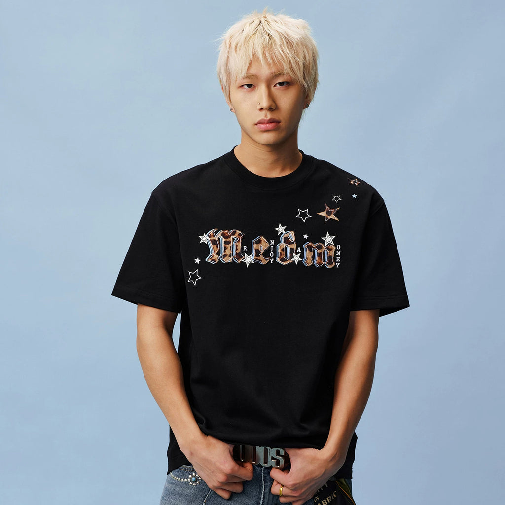 MEDM shoulder over star leopard print horsehair double-layer leather casual round neck short sleeved logo sticker versatile loose couple T-shirt