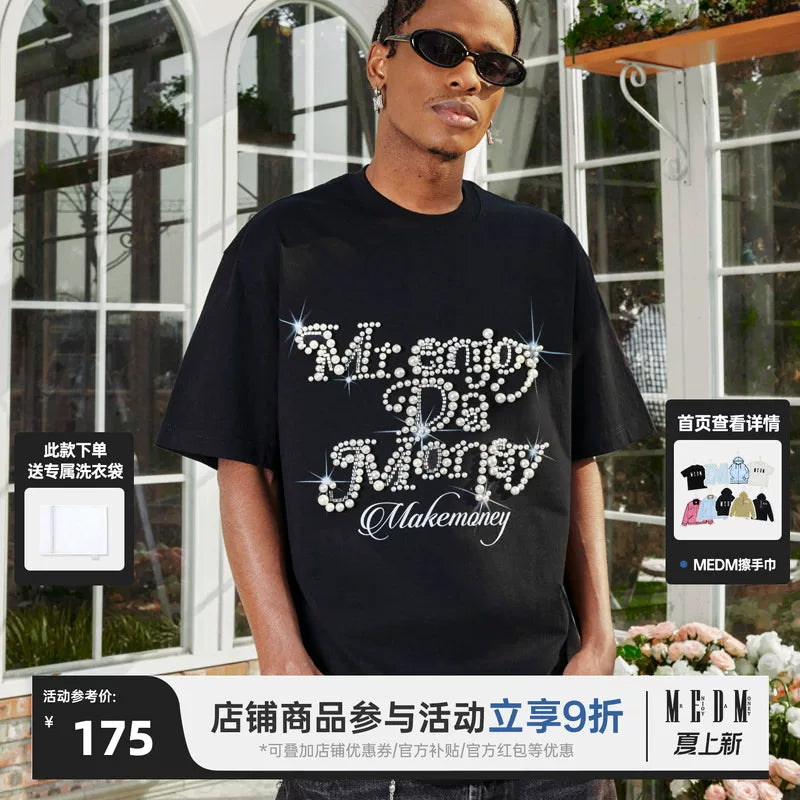 MEDM26SS pearl flower font summer short sleeved T-shirt for men and women, couple style American loose top T-shirt tee