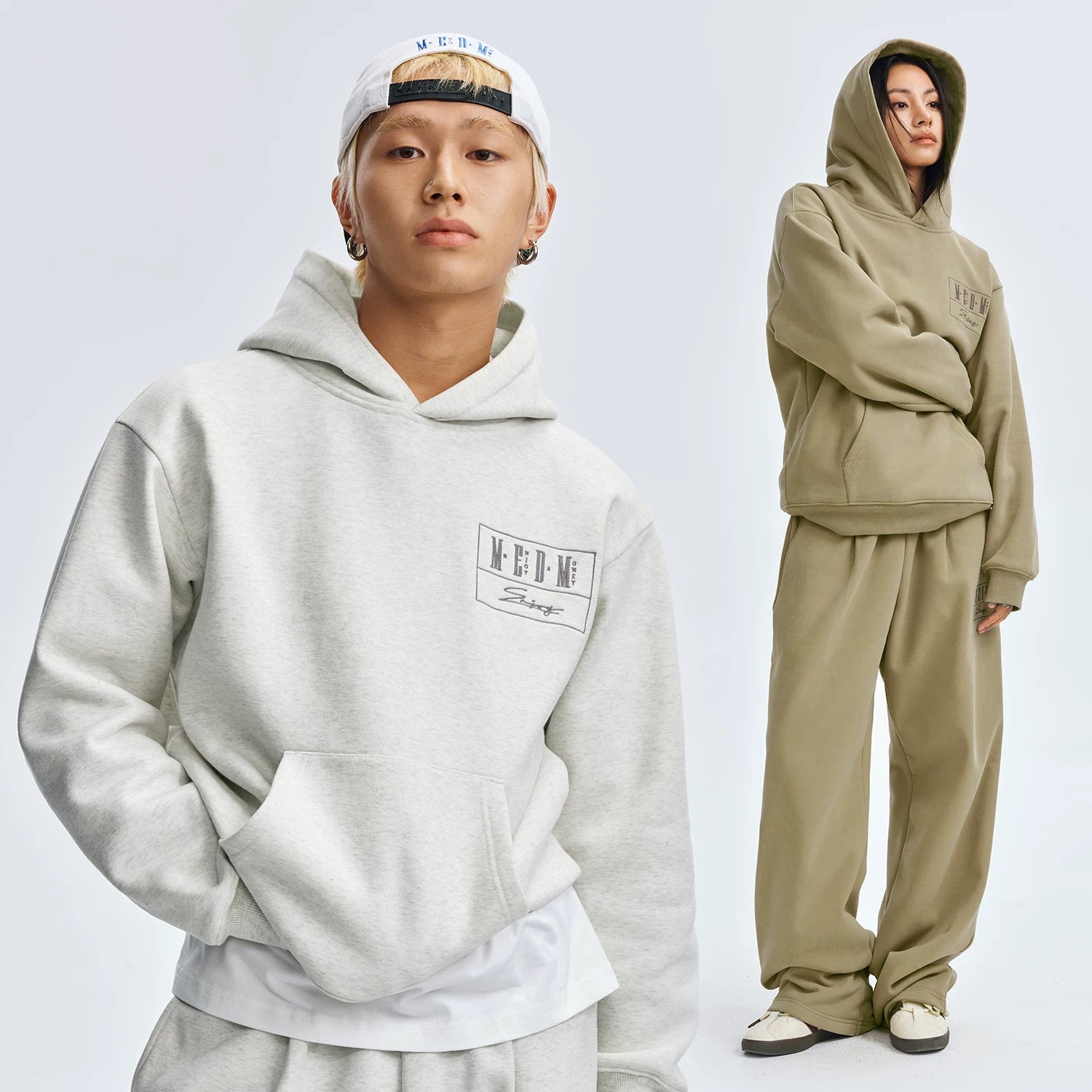 MEDM floral embroidered hooded sweatshirt men's cleanfit thick fleece curved knife sweatpants American casual suit