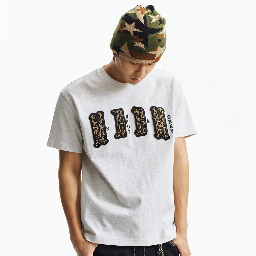 MEDM double-layer leather leopard print patch logo, four character casual round neck short sleeved shirt on the chest, summer new loose couple T-shirt