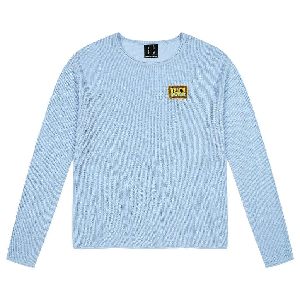 MEDM solid color towel embroidered logo pullover casual round neck mesh shirt 2025 new long sleeved loose knit shirt top for autumn
