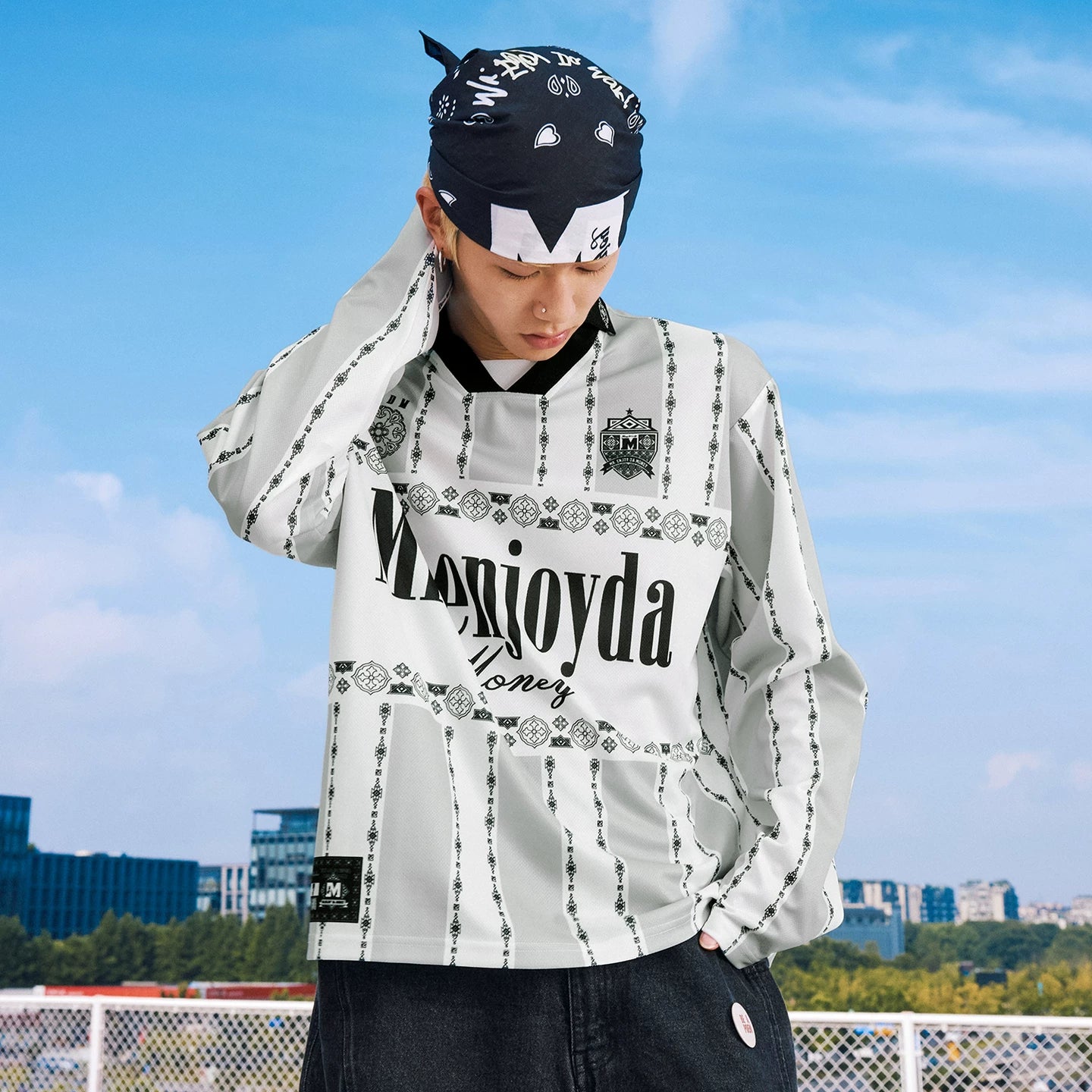 MEDM contrasting striped patchwork casual jersey long sleeved T-shirt American commuter couple loose collar top for spring and autumn