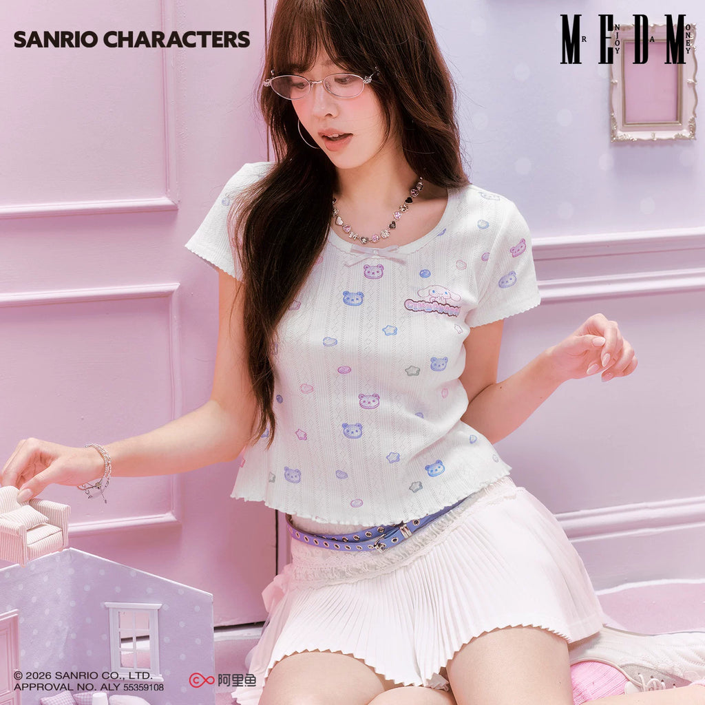 MEDM × Sanrio Family Series Small Fragrant Style Candy Printed Knitted Short Sleeve Cute Sweet Girl Casual T-shirt for Women