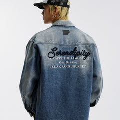 MEDM classic basic letter embroidery casual lapel washed denim jacket trendy retro handsome jacket for men