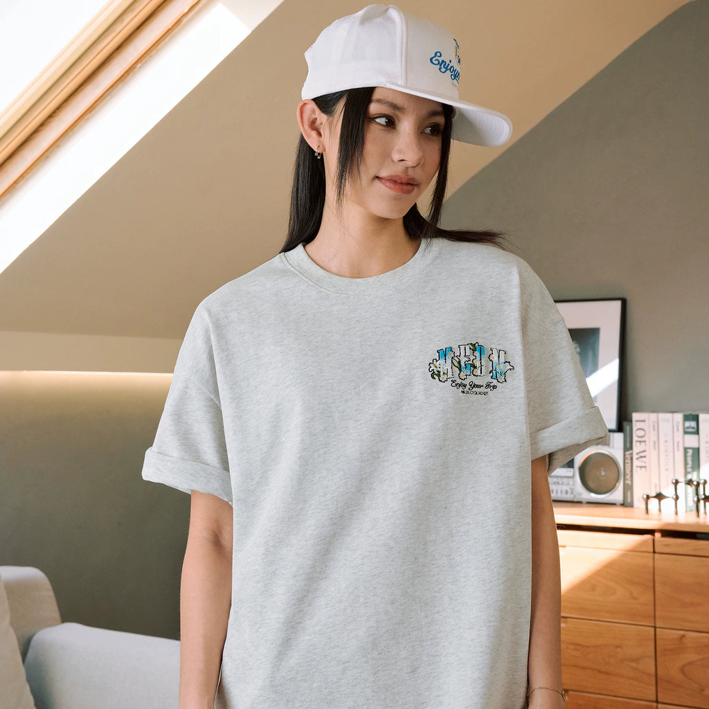 MEDM Flower Embroidery Short Sleeve T-shirt Pure Cotton China-Chic Youth Loose Fit T-shirt Hou Minghao Same Summer Fashion T