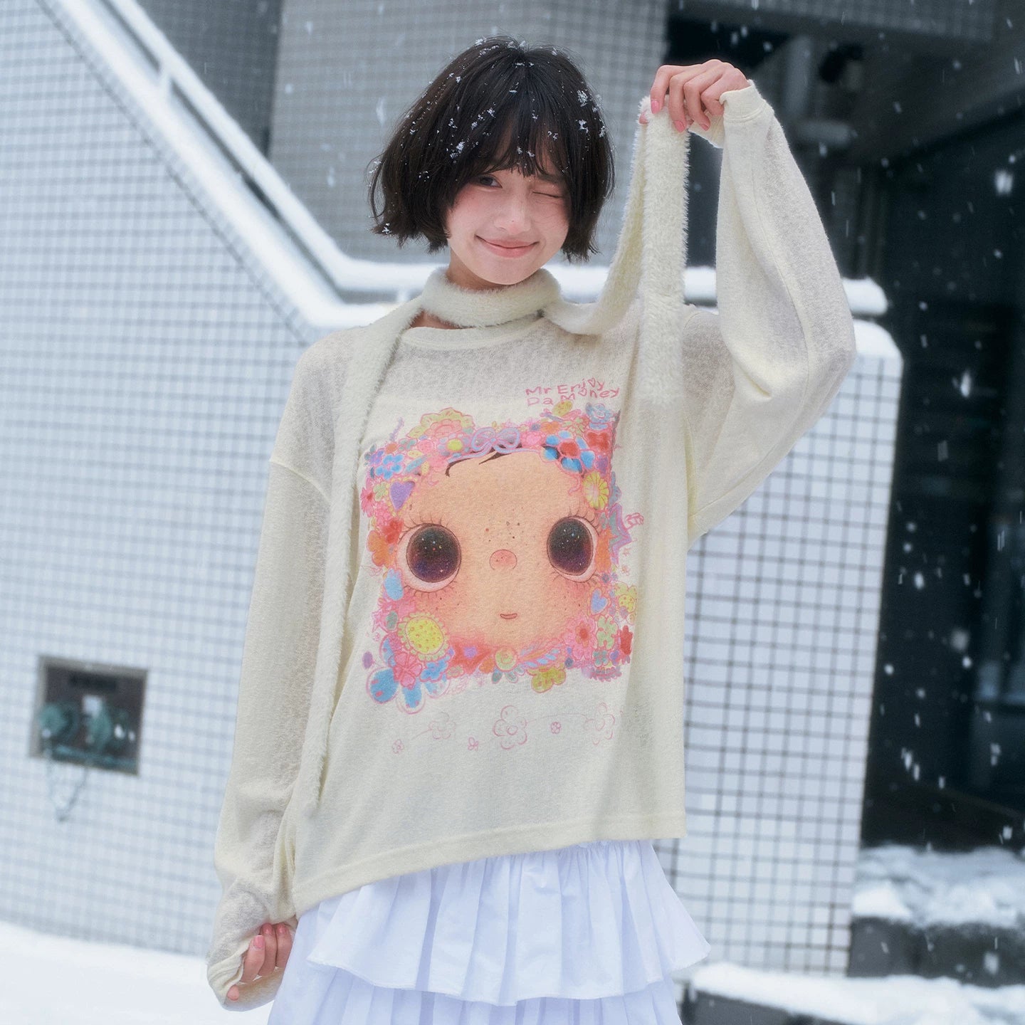 MEDM × YUY Jade Collaboration - Flower Surrounding Printed Logo Casual Long Sleeve T-shirt Cute Loose Round Neck Hoodie