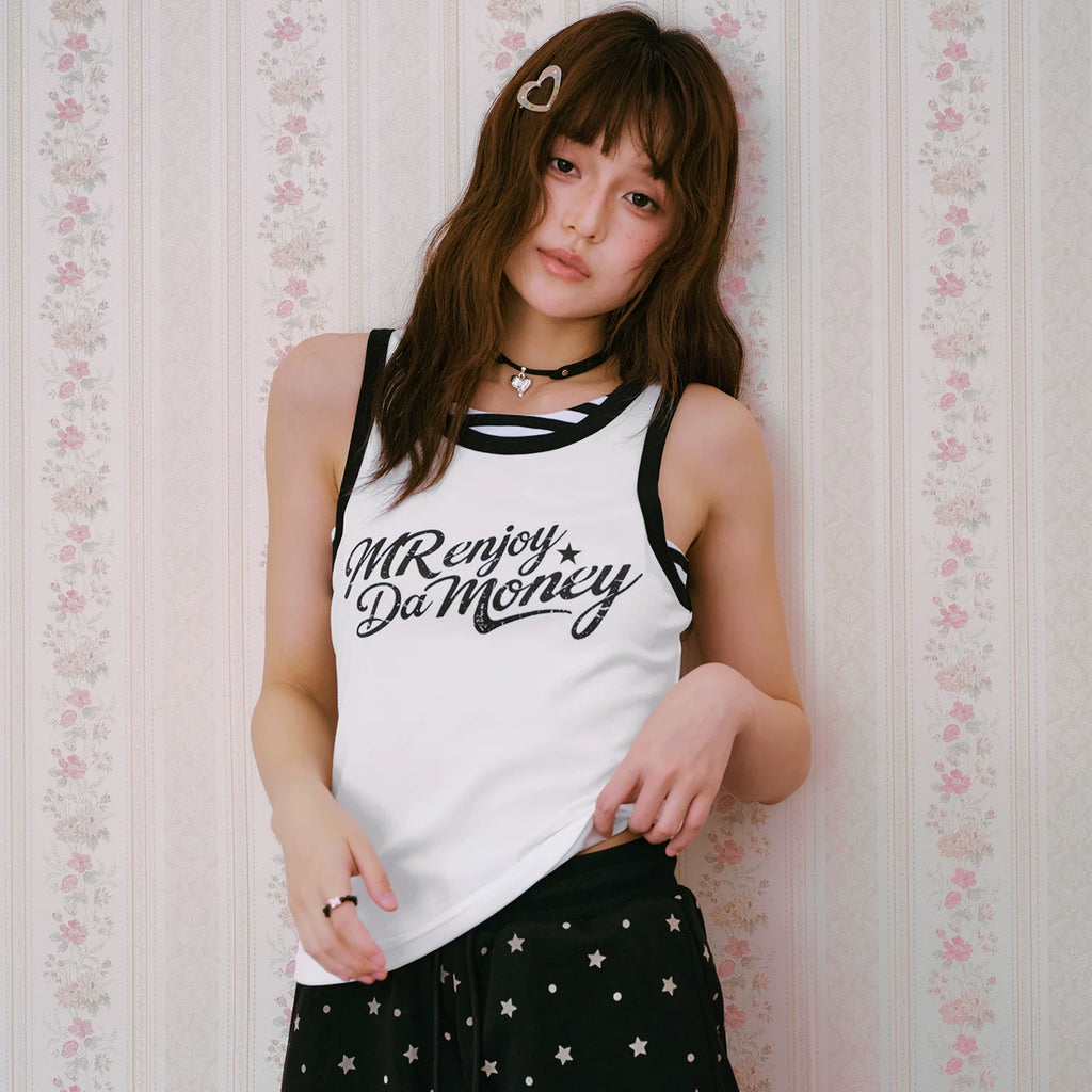 MEDM fake two-piece striped patchwork contrasting casual cross shaped vest with American retro print sleeveless suspender for women