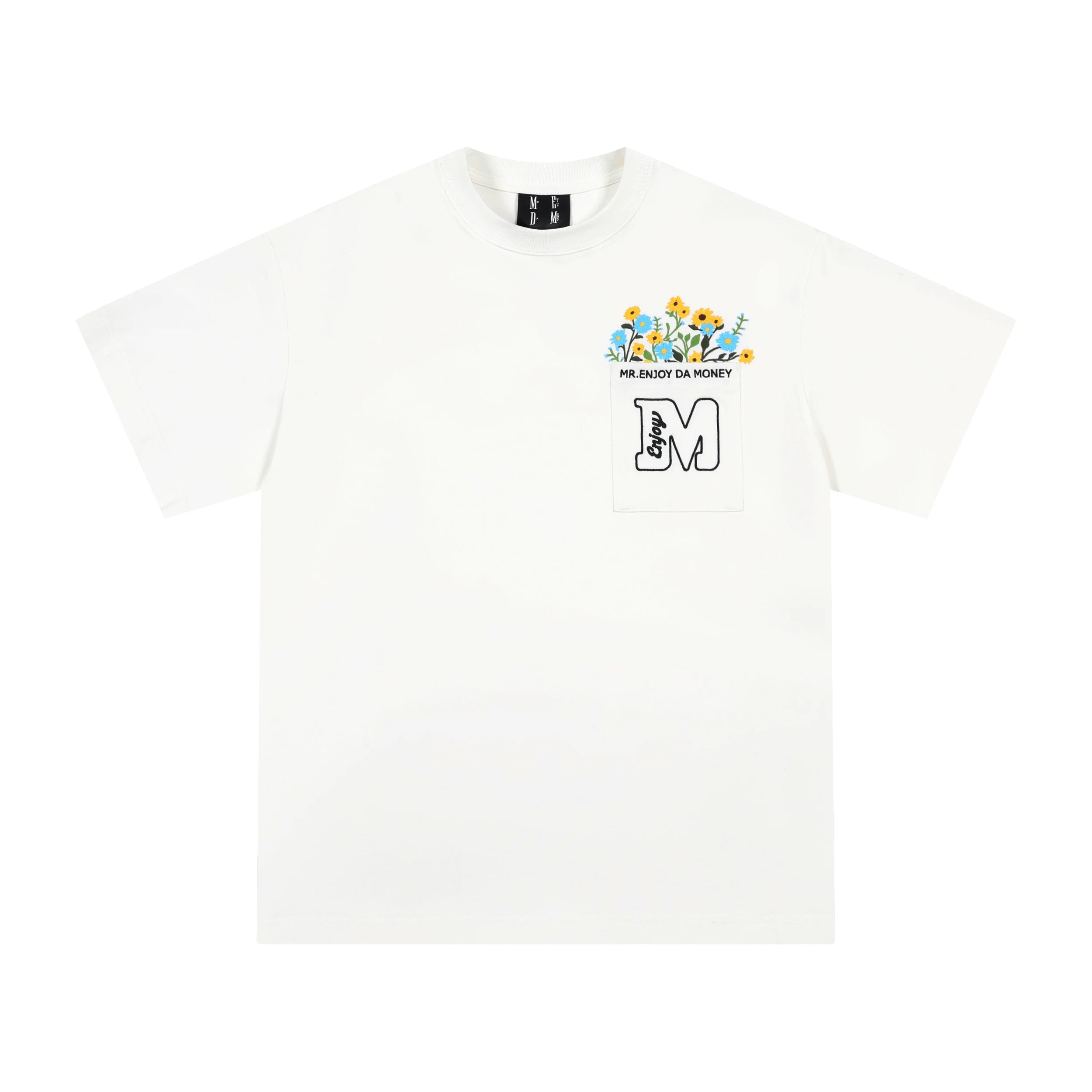 MEDM Pocket Flower Blossoms Short Sleeve T-shirt Men's Summer Loose Couple Top Round Neck Half Sleeve Trendy Casual