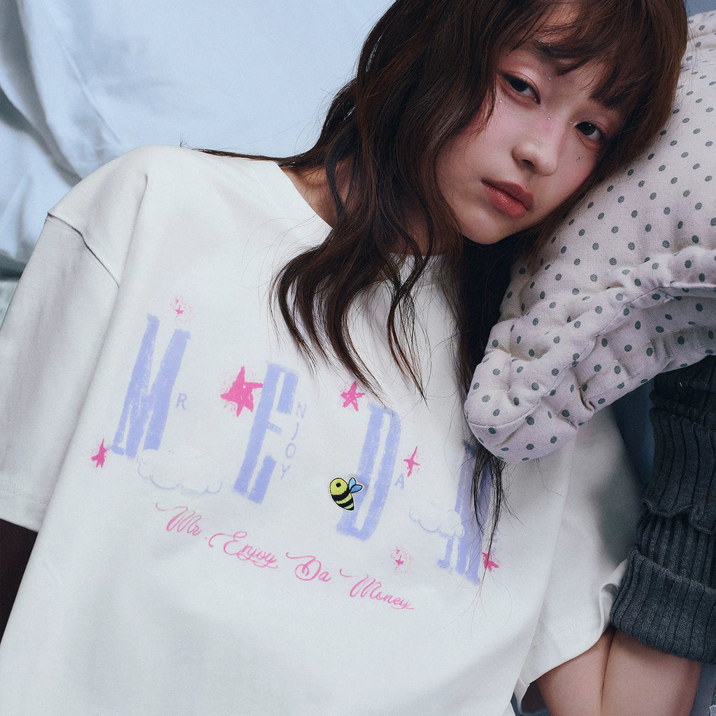 MEDM x Iria mailbox collaboration cloud digital print glitter logo short sleeved casual round neck T-shirt for women summer