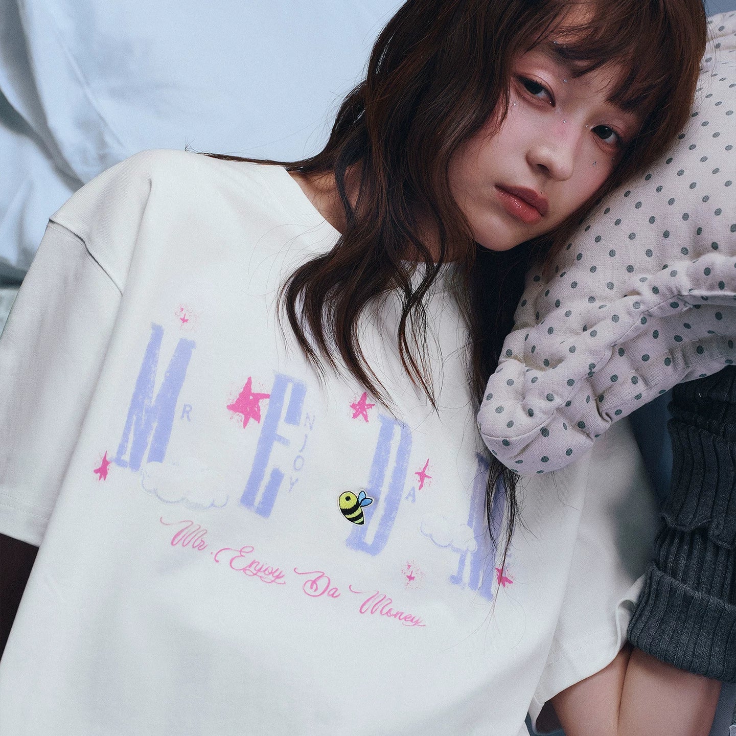 MEDM x Iria mailbox collaboration cloud digital print glitter logo short sleeved casual round neck T-shirt for women summer