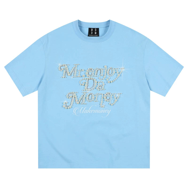 MEDM26SS pearl flower font summer short sleeved T-shirt for men and women, couple style American loose top T-shirt tee