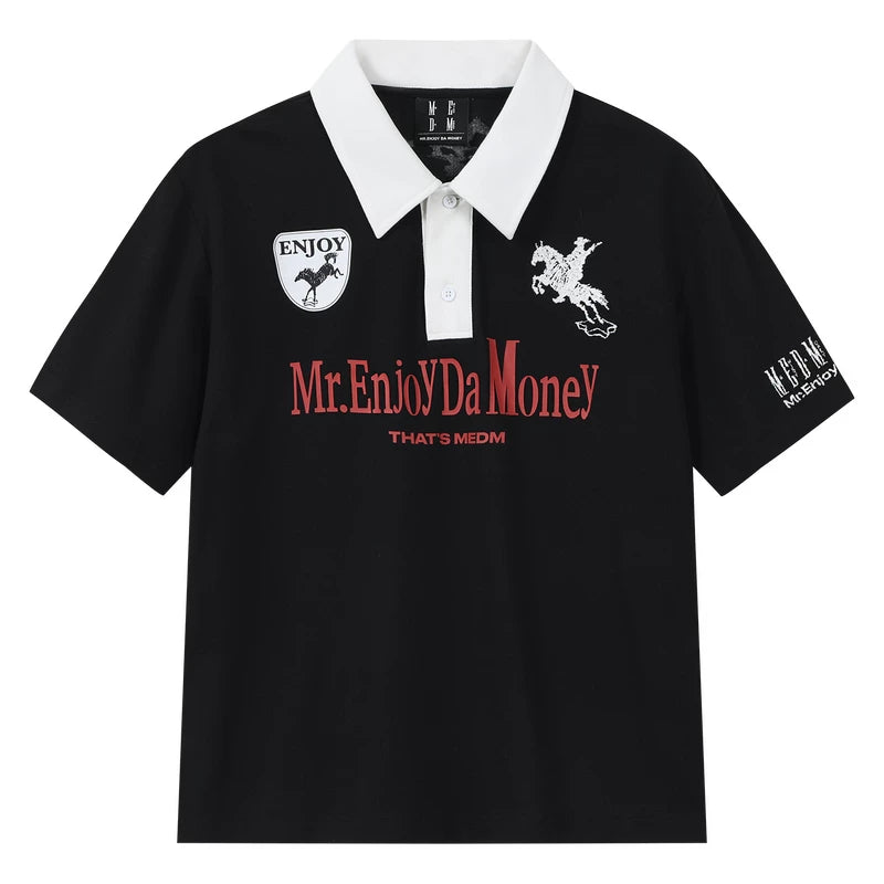 MEDM Mustang Step Star Embroidered Casual Polo Short Sleeve Street Loose Personalized Contrast Splicing Collar Top Summer
