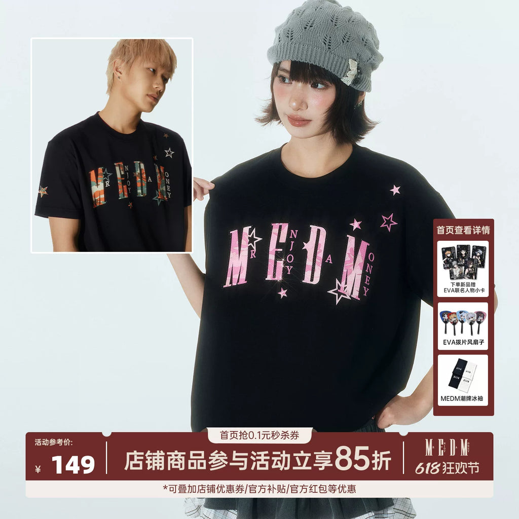 MEDM Camouflage Letter Sticker Diamond Simple Casual Round Neck T-shirt Street Relaxation Loose Look Slim Couple Short Sleeve Summer