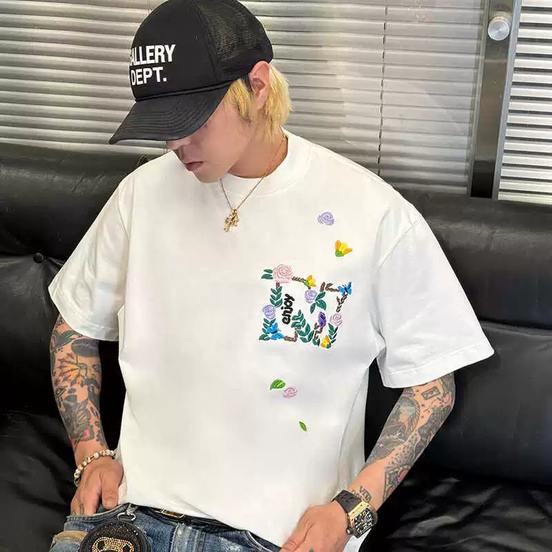 MEDM Embroidered Flower Short Sleeve T-shirt for Men's Summer Trendy Brand Ins American Leisure High Street Versatile Couple Half Sleeve T-shirt