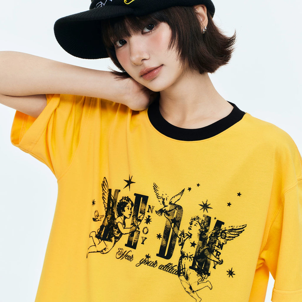 MEDM Little Angel Star Retro Contrast Round Neck Casual Short Sleeve Street Versatile Relaxation Loose Couple T-shirt