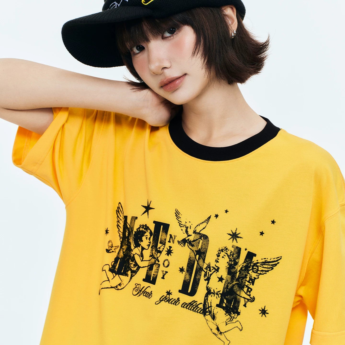 MEDM Little Angel Star Retro Contrast Round Neck Casual Short Sleeve Street Versatile Relaxation Loose Couple T-shirt