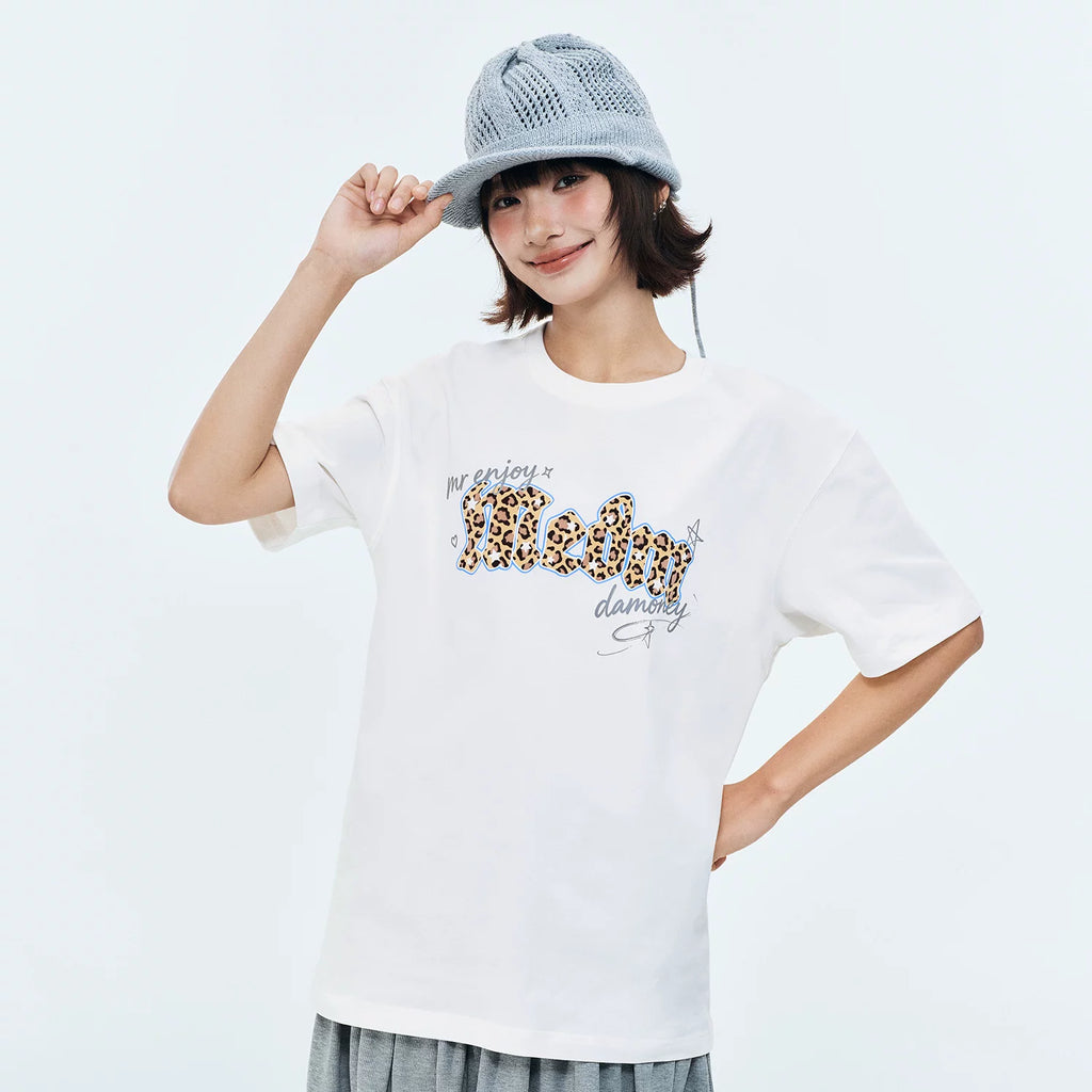 MEDM leopard print Gothic graffiti patch casual round neck short sleeved American street style unisex loose T-shirt summer