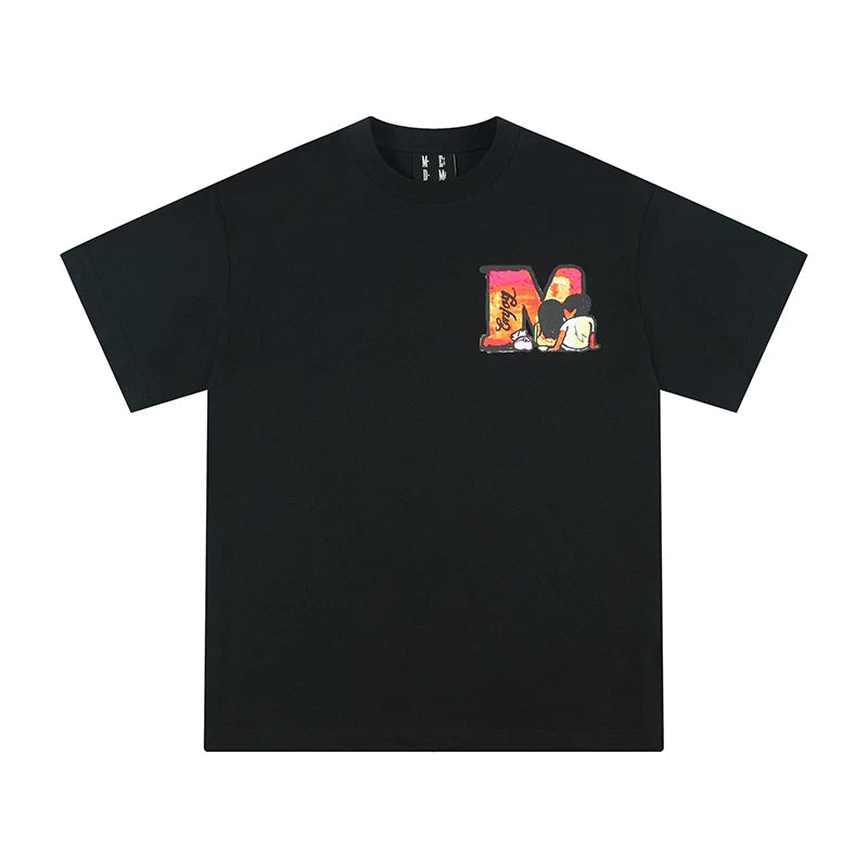 MEDMxNewsus collaboration seaside sunset print short sleeved T-shirt for men and women in summer, loose five quarter sleeves for couples